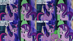 Size: 1280x720 | Tagged: safe, edit, edited screencap, editor:quoterific, imported from derpibooru, screencap, spike, starlight glimmer, twilight sparkle, alicorn, dragon, pony, unicorn, every little thing she does, season 6, eyes closed, female, implied pinkie pie, male, mare, open mouth, open smile, smiling, twilight sparkle (alicorn), twilight's castle