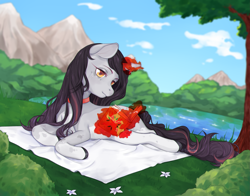 Size: 2763x2171 | Tagged: safe, artist:qawakie, imported from derpibooru, oc, oc only, pony, unicorn, choker, cloud, female, glowing, glowing horn, high res, horn, lying down, magic, magic aura, mare, outdoors, prone, solo, telekinesis, tree, unicorn oc