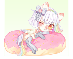 Size: 2100x1700 | Tagged: safe, artist:qawakie, imported from derpibooru, oc, oc only, pegasus, pony, bow, butt, clothes, donut, food, hair bow, one eye closed, pegasus oc, pillow, plot, smiling, socks, wink