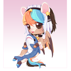 Size: 1800x1800 | Tagged: safe, artist:qawakie, imported from derpibooru, oc, oc only, pegasus, pony, shark, blåhaj, eyelashes, female, hoof polish, maid, maid headdress, mare, plushie, shark plushie, smiling, wings