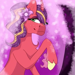Size: 1500x1500 | Tagged: safe, artist:teonnakatztkgs, imported from derpibooru, oc, oc only, pony, unicorn, female, flower, flower in hair, freckles, horn, mare, smiling, solo, unicorn oc, unshorn fetlocks
