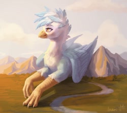 Size: 1080x960 | Tagged: safe, artist:inarimayer, imported from derpibooru, oc, oc only, griffon, giant griffon, griffon oc, macro, male, outdoors, river, smiling, solo, water, wings