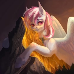 Size: 1080x1080 | Tagged: safe, artist:inarimayer, imported from derpibooru, oc, oc only, oc:evening skies, pegasus, pony, female, giant pony, hug, macro, mare, mountain, outdoors, pegasus oc, smiling, solo, wings