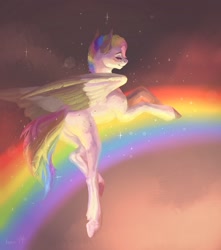 Size: 1911x2160 | Tagged: safe, artist:inarimayer, imported from derpibooru, oc, oc only, pegasus, pony, butt, colored wings, flying, multicolored hair, outdoors, pegasus oc, plot, rainbow, rainbow hair, solo, two toned wings, wings