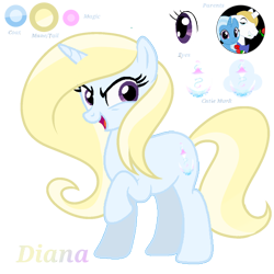 Size: 1280x1280 | Tagged: safe, artist:novaskylightstar, imported from derpibooru, prince blueblood, trixie, oc, oc:diana, pony, unicorn, bluetrix, female, full body, hooves, horn, male, mare, offspring, open mouth, open smile, parent:prince blueblood, parent:trixie, parents:bluetrix, purple eyes, raised hoof, reference sheet, shipping, show accurate, simple background, smiling, stallion, standing, straight, tail, transparent background, two toned mane, two toned tail, unicorn oc