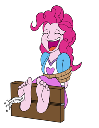 Size: 516x667 | Tagged: safe, artist:irkingir, imported from derpibooru, pinkie pie, equestria girls, barefoot, bondage, cute, diapinkes, eyes closed, feather, feet, fetish, foot fetish, foot focus, laughing, magic, open mouth, pinkie loves tickling, rope, simple background, soles, stocks, telekinesis, tickle torture, tickling, tied up, white background