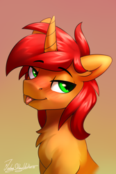 Size: 2000x3000 | Tagged: safe, artist:jedayskayvoker, imported from derpibooru, oc, oc only, oc:rayven, pony, unicorn, blushing, bust, chest fluff, eyebrows, eyebrows visible through hair, fluffy, gradient background, high res, horn, icon, looking at you, male, mlem, patreon, patreon reward, portrait, raised eyebrow, silly, smiling, smiling at you, solo, stallion, tongue out, unicorn oc
