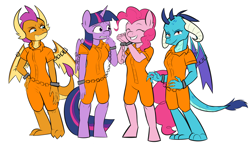 Size: 4550x2700 | Tagged: source needed, useless source url, safe, artist:carouselboi, imported from derpibooru, pinkie pie, princess ember, smolder, twilight sparkle, alicorn, anthro, dragon, bound wings, chained, chains, clothes, cuffed, cuffs, dragoness, female, prison outfit, prisoner, prisoner ember, prisoner pp, prisoner smolder, prisoner ts, simple background, twilight sparkle (alicorn), varying degrees of want, white background, wings