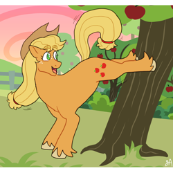 Size: 1200x1200 | Tagged: safe, artist:greenarsonist, imported from derpibooru, applejack, earth pony, pony, apple, apple tree, applebucking, applejack's hat, bucking, cowboy hat, freckles, hat, smiling, solo, tree, unshorn fetlocks