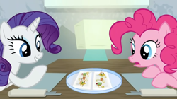 Size: 920x516 | Tagged: safe, imported from derpibooru, screencap, pinkie pie, rarity, earth pony, pony, unicorn, season 6, spice up your life, duo, duo female, female, food, hors d'oeuvre, lamp, mare, rarity looking at food, restaurant