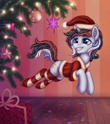 Size: 2100x2363 | Tagged: safe, artist:eltaile, imported from derpibooru, oc, oc only, oc:soothing song, pony, unicorn, christmas, clothes, commission, costume, decoration, holiday, jumping, male, present, santa costume, socks, solo, striped socks, tree, your character here