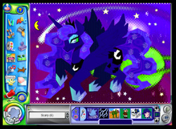 Size: 1040x766 | Tagged: safe, artist:prrplefungal, imported from derpibooru, princess luna, alicorn, pony, female, flying, hoof shoes, jewelry, kid pix, moon, nostalgia, planet, raised hooves, regalia, shooting star, sky, solo, stars