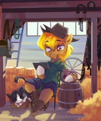 Size: 3412x4096 | Tagged: safe, artist:saxopi, imported from derpibooru, oc, oc only, cat, earth pony, semi-anthro, barrel, brown eyes, cellphone, clothes, colored pupils, commission, cup, eyebrows, eyebrows visible through hair, hat, hay, hay bale, high res, hoof hold, hoof shoes, ladder, maple syrup, pants, phone, shirt, sitting, sleeping, solo, wheel, whiskers, yellow mane