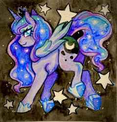 Size: 530x555 | Tagged: safe, artist:prrplefungal, imported from derpibooru, princess luna, alicorn, pony, female, hoof shoes, looking back, solo, stars, traditional art, watercolor painting