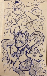 Size: 602x960 | Tagged: safe, artist:prrplefungal, imported from derpibooru, princess luna, alicorn, pony, clothes, cloud, costume, doodle, female, moon, pen drawing, sailor moon, solo, traditional art