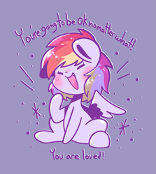 Size: 959x1075 | Tagged: safe, artist:support-ponies, artist:typhwosion, imported from derpibooru, rainbow dash, pegasus, pony, blushing, dialogue, eyes closed, female, mare, motivational, open mouth, open smile, positive ponies, purple background, requested art, simple background, sitting, smiling, solo