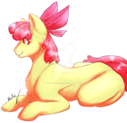 Size: 1280x1234 | Tagged: safe, artist:kraftcreamlol, imported from derpibooru, apple bloom, earth pony, pony, deviantart watermark, female, filly, foal, lying down, obtrusive watermark, prone, simple background, solo, watermark, white background