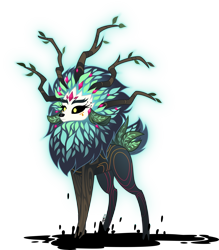 Size: 3501x4000 | Tagged: safe, artist:orin331, imported from derpibooru, gaea everfree, deer, dryad, equestria girls, legend of everfree, antlers, beautiful, black sclera, branches, branches for antlers, bushy brows, creepy, deerified, doe, earth mother, female, glowing, glowing eyes, high res, implied great seedling, leaves, magic, magic aura, majestic, mother nature, mud, quadrupedal, real gaea everfree, simple background, species swap, tar, transparent background