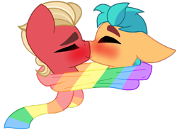 Size: 900x671 | Tagged: safe, artist:rozyfly10, imported from derpibooru, hitch trailblazer, sprout cloverleaf, earth pony, pony, best gift ever, best friends, blushing, boop, clothes, duo, duo male, g5, gay, head only, hitchsprout, kissing, male, my little pony: a new generation, nose kiss, noseboop, scarf, shared clothing, shared scarf, shipping, simple background, smiling, stallion, striped scarf, transparent background