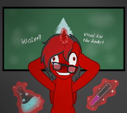 Size: 1800x1600 | Tagged: safe, artist:1mber_angul, imported from derpibooru, oc, oc only, oc:lancris, alicorn, pony, alicorn oc, bipedal, chemicals, crazy face, darkness, erlenmeyer flask, experiment, faic, flask, horn, insanity, magic, science, simple background, slate, spectacles, text, vial, wings