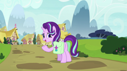 Size: 1920x1080 | Tagged: safe, imported from derpibooru, screencap, starlight glimmer, pony, unicorn, rock solid friendship, season 7, bag, butt, female, glimmer glutes, looking back, mare, open mouth, plot, raised hoof, saddle bag, smiling, solo