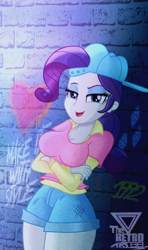 Size: 1292x2180 | Tagged: safe, artist:theretroart88, imported from derpibooru, rarity, equestria girls, alternate hairstyle, backwards ballcap, baseball cap, breasts, busty rarity, cap, clothes, crossed arms, disguise, female, hat, looking at you, open mouth, open smile, plainity, shirt, shorts, smiling, solo, stupid sexy rarity