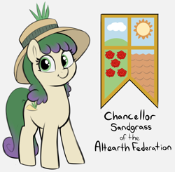 Size: 1970x1932 | Tagged: safe, artist:heretichesh, imported from derpibooru, oc, oc only, oc:chancellor sandgrass, earth pony, pony, colored, female, flag, hat, looking at you, mare, simple background, solo, sun hat