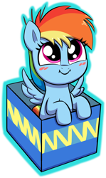 Size: 1749x2931 | Tagged: safe, artist:heretichesh, imported from derpibooru, rainbow dash, pegasus, pony, fanfic:my little dashie, blushing, box, colored, cute, dashabetes, feathered wings, female, filly, filly rainbow dash, foal, looking at you, simple background, smiling, solo, spread wings, transparent background, wings, younger