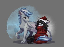 Size: 2271x1668 | Tagged: safe, artist:alrumoon_art, imported from derpibooru, oc, oc only, oc:chain lightning, oc:fume hood, dracony, dragon, hybrid, pony, unicorn, abstract background, chainume, christmas, clothes, duo, gray background, hat, holiday, santa hat, scarf, simple background