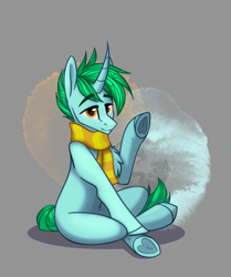 Size: 1483x1770 | Tagged: safe, artist:alrumoon_art, imported from derpibooru, oc, oc only, oc:peppermint chemicals, pony, unicorn, abstract background, chest fluff, clothes, gray background, male, scarf, simple background, sitting, solo, underhoof