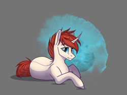 Size: 2008x1503 | Tagged: safe, artist:alrumoon_art, imported from derpibooru, oc, oc only, oc:kelley, pony, unicorn, abstract background, gray background, male, simple background, solo