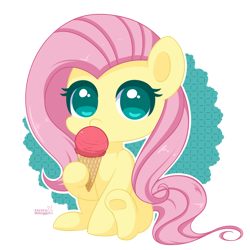 Size: 600x600 | Tagged: safe, artist:exceru-karina, imported from derpibooru, fluttershy, pegasus, pony, blue eyes, chibi, cute, digital art, eating, female, food, hoof hold, ice cream, ice cream cone, looking at you, mare, no pupils, outline, partial background, shyabetes, simple background, sitting, solo, three quarter view, transparent background, underhoof, weapons-grade cute, white outline