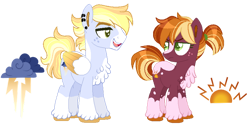 Size: 800x400 | Tagged: safe, artist:artistcoolpony, imported from derpibooru, oc, oc only, oc:sunny harvest, oc:thunderclap, earth pony, pegasus, pony, blaze (coat marking), brother and sister, chest fluff, coat markings, colored pupils, colored wings, colored wingtips, duo, ear piercing, earring, earth pony oc, facial markings, female, folded wings, freckles, frown, full body, green eyes, jewelry, looking at each other, looking at someone, male, mare, multicolored mane, multicolored tail, offspring, open mouth, open smile, parent:big macintosh, parent:rainbow dash, parents:rainbowmac, pegasus oc, piercing, ponytail, siblings, simple background, smiling, socks (coat markings), stallion, standing, tail, transparent background, unshorn fetlocks, wall of tags, wings