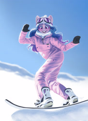 Size: 2620x3592 | Tagged: safe, artist:amishy, imported from derpibooru, izzy moonbow, anthro, unicorn, female, g5, looking at you, my little pony: a new generation, smiling, smiling at you, snow, snowboard, snowboarding, solo