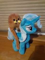 Size: 2448x3264 | Tagged: safe, artist:gingerale2016, imported from derpibooru, trixie, pony, unicorn, gondola (meme), irl, photo, plushie, riding a pony, spurdo spärde