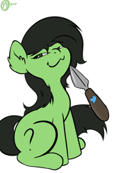 Size: 1200x1800 | Tagged: artist needed, safe, imported from ponybooru, oc, oc:filly anon, earth pony, pony, female, filly, foal, knife, meme, meta, simple background, smug, transparent background, twitter