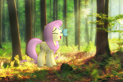 Size: 721x481 | Tagged: safe, artist:icetea, imported from derpibooru, fluttershy, butterfly, pony, female, forest, forest background, irl, mare, nature, photo, ponies in real life, solo