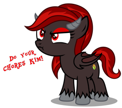 Size: 3610x3210 | Tagged: safe, artist:strategypony, imported from derpibooru, oc, oc only, oc:kim stone, demon, demon pony, monster pony, original species, pony, angry, chores, cute, eyelashes, female, filly, foal, horns, lazy, madorable, offscreen character, simple background, solo focus, transparent background, wings