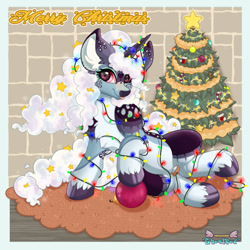 Size: 1000x1000 | Tagged: safe, artist:ghostfox, imported from derpibooru, oc, pony, unicorn, christmas, christmas lights, christmas tree, cloud, cute, holiday, solo, tree