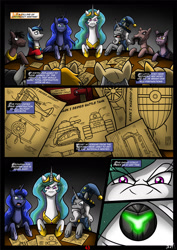 Size: 1280x1808 | Tagged: safe, artist:darklamprey, imported from derpibooru, princess celestia, princess luna, shining armor, star swirl the bearded, alicorn, earth pony, pegasus, unicorn, comic:equestria's war of the worlds, airship, artistic license, biplane, blueprint, celestia is not amused, close-up, comic, crossover, flashback, luna is not amused, martian, memories, narration, royal sisters, serious, serious face, siblings, sisters, table, tank (vehicle), the war of the worlds, unamused, war, war face, zeppelin