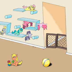 Size: 2048x2048 | Tagged: safe, artist:fluffsplosion, imported from derpibooru, fluffy pony, ball, blocks, cat wall, defying gravity