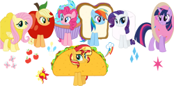 Size: 1280x635 | Tagged: safe, artist:galioncyapon, imported from derpibooru, applejack, fluttershy, pinkie pie, rainbow dash, rarity, sunset shimmer, twilight sparkle, alicorn, earth pony, pegasus, pony, unicorn, equestria girls, alternate mane seven, apple, apple costume, clothes, cookie, costume, cupcake, cupcake costume, food, food costume, lemon, mane six, marshmallow, marshmallow costume, peanut butter and jelly, rarity is a marshmallow, sandwich, sandwich costume, simple background, taco, taco costume, transparent background, twilight sparkle (alicorn)