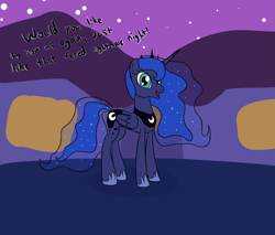 Size: 2517x2140 | Tagged: safe, artist:librarylonging, imported from derpibooru, princess luna, alicorn, pony, bronybait, house, looking at you, night, solo, standing, stars, talking, talking to viewer, text