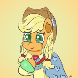 Size: 2160x2160 | Tagged: safe, artist:limitmj, imported from derpibooru, applejack, earth pony, pony, the big mac question, alternate hairstyle, applejack's hat, clothes, cowboy hat, crying, cute, dress, female, flower, hat, jackabetes, mare, scene interpretation, solo, tears of joy, teary eyes