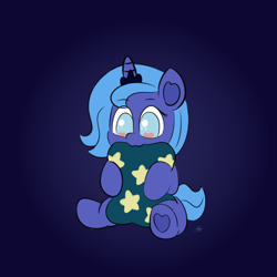 Size: 2160x2160 | Tagged: safe, artist:limitmj, imported from derpibooru, princess luna, alicorn, pony, blue background, cute, female, filly, gradient background, lunabetes, nom, pillow, simple background, solo, woona, younger