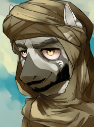 Size: 1560x2100 | Tagged: safe, artist:cadillac-dynamite, imported from derpibooru, oc, oc only, zebra, equestria at war mod, bust, facial hair, male, portrait, quadrupedal, solo, stallion, tuareg, turban, zebra oc