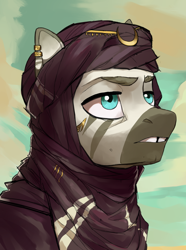 Size: 1560x2100 | Tagged: safe, artist:cadillac-dynamite, imported from derpibooru, oc, oc only, zebra, equestria at war mod, bust, jewelry, male, portrait, quadrupedal, solo, stallion, tuareg, turban, zebra oc