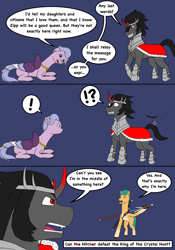 Size: 1668x2388 | Tagged: safe, artist:simonsartbookservice, imported from derpibooru, hitch trailblazer, king sombra, queen haven, earth pony, pegasus, pony, unicorn, comic, g5, literal butthurt, my little pony: a new generation, pain, sword, the witcher, the witcher 3, weapon, witcher