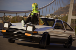 Size: 3000x2000 | Tagged: safe, artist:arcanetesla, imported from derpibooru, oc, oc only, oc:mysti tesla, anthro, unicorn, 3d, anthro oc, blender, car, grin, high res, horn, initial d, looking at you, sitting, smiling, smiling at you, solo, toyota, toyota sprinter trueno [ae86], unicorn oc