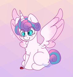 Size: 1237x1305 | Tagged: safe, artist:bluemoon, imported from derpibooru, princess flurry heart, alicorn, insect, ladybug, pony, blank flank, chest fluff, cute, female, filly, flurrybetes, foal, smiling, solo, spread wings, wings